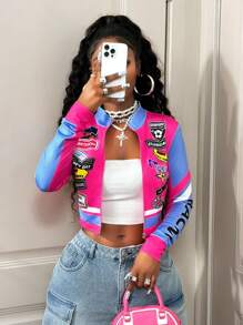 BamGleam 女式摩托车字母印花短款轻便夹克