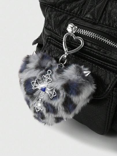 Kawaii 1pc Y2K Retro Chic Punk High-End Gray Faux Fur Animal Print Rivet 3D Heart Crystal Hollow Cross DIY Keychain Bag Charm, Suitable For Women, Daily Wear, Holiday Gift