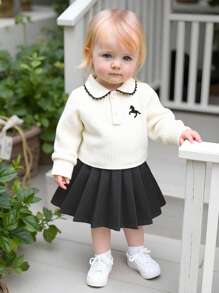 Souflis Souflis 2 件套女婴优雅可爱提花纹理针织长袖 Polo 领开衫上衣和松紧腰百褶裙套装，适合通勤、上学、休闲、度假、运动、家居、6 个月-3 岁、儿童/婴儿服装、返校、所有季节 - 杏色 - 查看 10