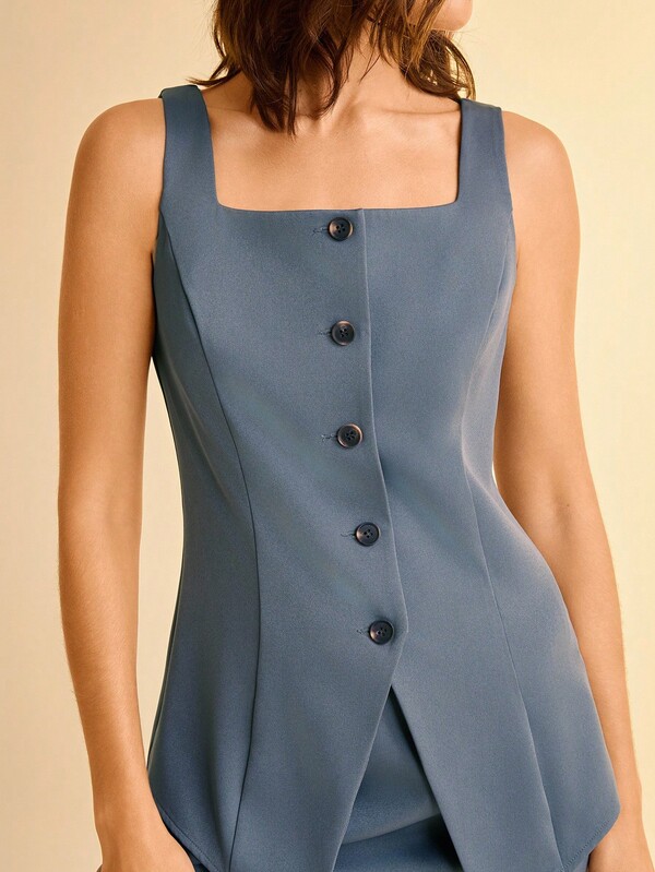 CAJUNI Women's Casual Vest Top With Hem Slit & Matching Low Waist Skirt Set