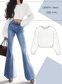SHEIN Tall Casual Solid Color Lantern Sleeve Cropped Sweater Knit Pullover Fall Winter - White - View 3