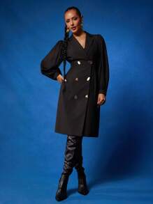 NYA SZN Dress Long Sleeve Plunge V Neck Button Up Collar Modest Guest Midi Length Outfits For Women - Black - View 2