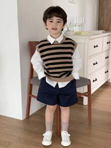 Hapijoa Young Boy Striped Knit Vest, Casual Loose Fit Fall - Khaki - View 4