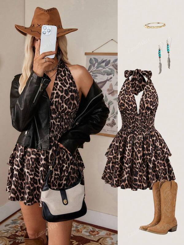 LanaWest Vestido de verano de mujer con cuello de halter y estampado de leopardo sexy, vestido mini con espalda descubierta, fruncido, de capas escalonadas sin mangas, ajuste regular, con estampado multicolor en toda la prenda, patrón texturizado de estampado de leopardo, tipo línea A, para primavera/otoño, atuendos de fiesta/discoteca