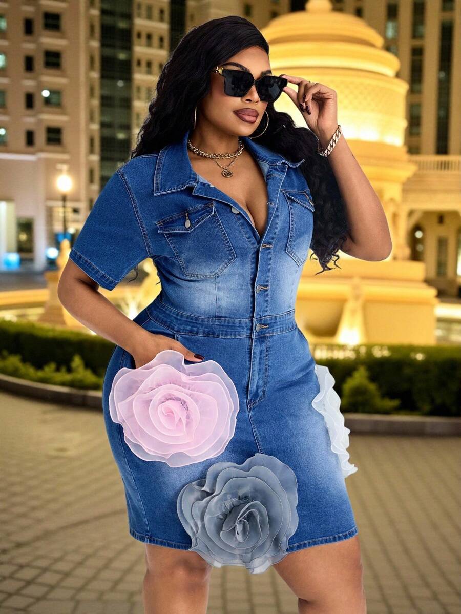 Slaydiva Robe patineuse en jean avec broderie florale pour femmes grande taille - Jean bleu - Voir 1