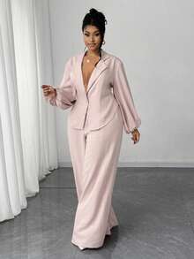 Maweii Plus Size Elegant Commuter Solid Color Lantern Sleeve Jacket And Pants 2 Pieces Set