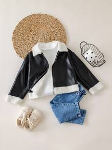 Young Girl Colorblock Thermal Lined Long Sleeve Jacket, Versatile For Autumn/Winter Fall - Black - View 5