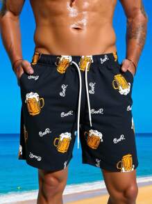 Manfinity Swimmode 休闲男士短款沙滩装，趣味啤酒印花，舒适松紧腰带，男士泳裤，新颖泳裤，啤酒泳裤，男士沙滩短裤，男士泳衣短裤