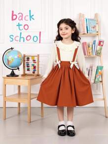 SHEIN 年轻女孩撞色荷叶边优雅长袖连衣裙 - 彩色 - 查看 3