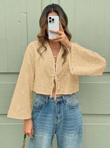 SHEIN Clasi Camisa casual de verano para mujer con empuñadura delantera de bordado tridimensional de unicolor - Caqui - Ver 5
