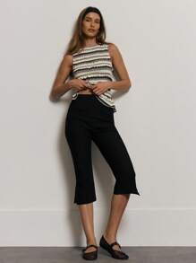 MUSERA Mid Rise Button Capri Leggings Summer Holiday Vacation Y2k Elegant Cute Casual Sexy Collective Back To School    Winter Valentines Day Pants - Black - View 1