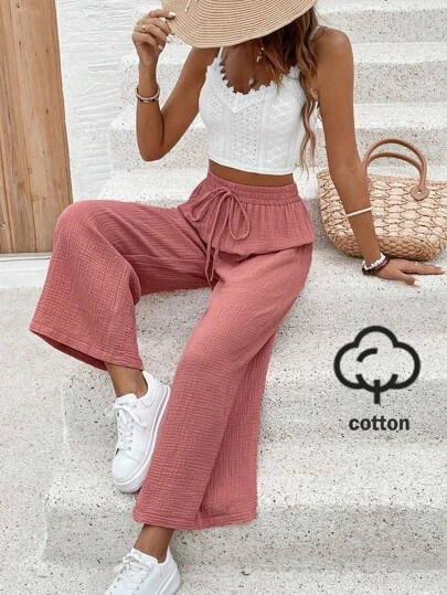SHEIN Frenchy Pantalones de algodón largos con cordón de un solo color en estilo de moneda antigua para uso diario, pantalones anchos tipo maestro, ropa de mujer de los 70, combinación de estilos para ir a la oficina, minimalista, commuter