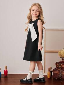 PrepCrw Young Girls' Elegant Sleeveless Round Neck Black Dress With Bow Decor,Summer Birthday Kids A-Line Formal Black And White Dress - Black and White - View 4
