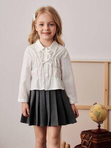 PrepCrw Blusa de manga larga con volantes, botones y decoración de lazo en estilo preppy para niñas jóvenes - Blanco - Ver 1