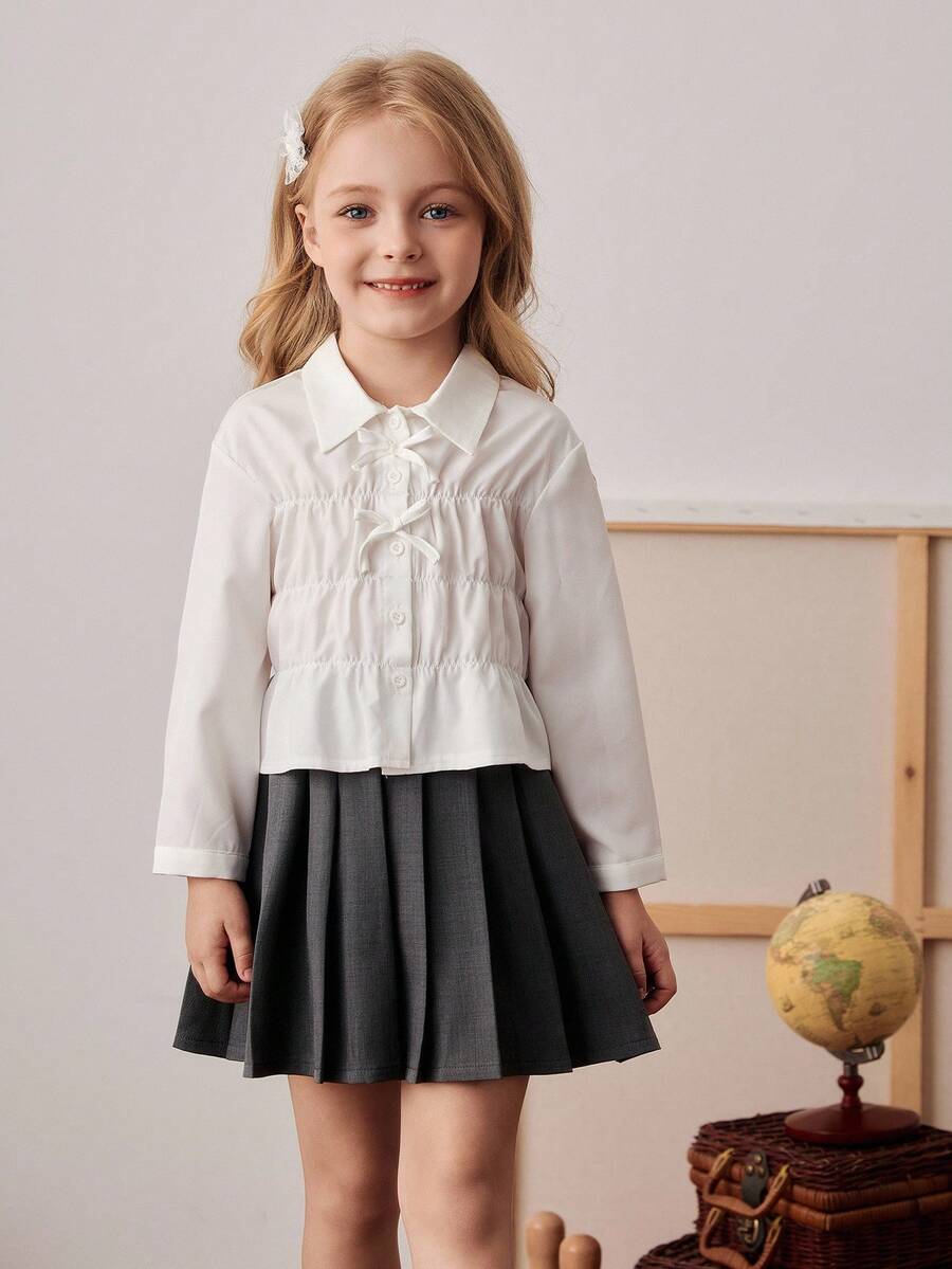 PrepCrw Blusa de manga larga con volantes, botones y decoración de lazo en estilo preppy para niñas jóvenes - Blanco - Ver 1