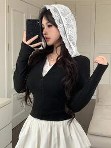 DAZY 女士撞色半拉链连帽蕾丝拼接性感休闲长袖 T 恤 - 黑色 - 查看 6