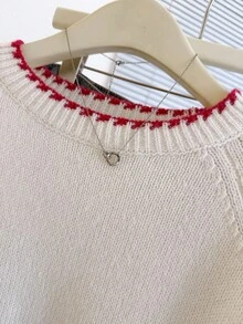 Franclia Back To School Casual Style Loose Round Neck Long Sleeved Woolen Fabric With Contrasting Color Trim And Raglan Sleeves, Apricot Colored Women's Autumn And Winter Pullover Sweater Winter Clothes For Women Christmas Clothes Going Out Tops Women Fall Cloth For Women