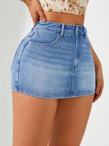 SHEIN ICON Women's Casual Washed Denim Mini Skirt, Summer - Light Wash - View 5