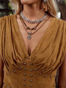 LanaWest Women's New Brown Retro Faux Suede V-Neck Ruched Waist Zipper Bohemian Hollow Tassel Western Casual Vacation Tank Top, Summer/Autumn - Brown - View 5