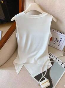 GlowEve 女士时尚休闲纯色不对称下摆无袖背心 - 白色 - 查看 2