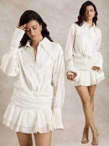 Briarwyn Đầm dài tay thanh lịch xếp ly phía trước màu trơn dành cho nữ - trắng - Xem 3