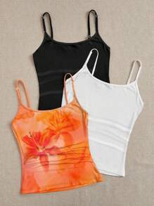 SHEIN Leap Crew Bộ 3 áo ba lỗ in hoa giản dị cho bé gái tuổi teen, phù hợp cho kỳ nghỉ hè - Nhiều màu - Xem 2