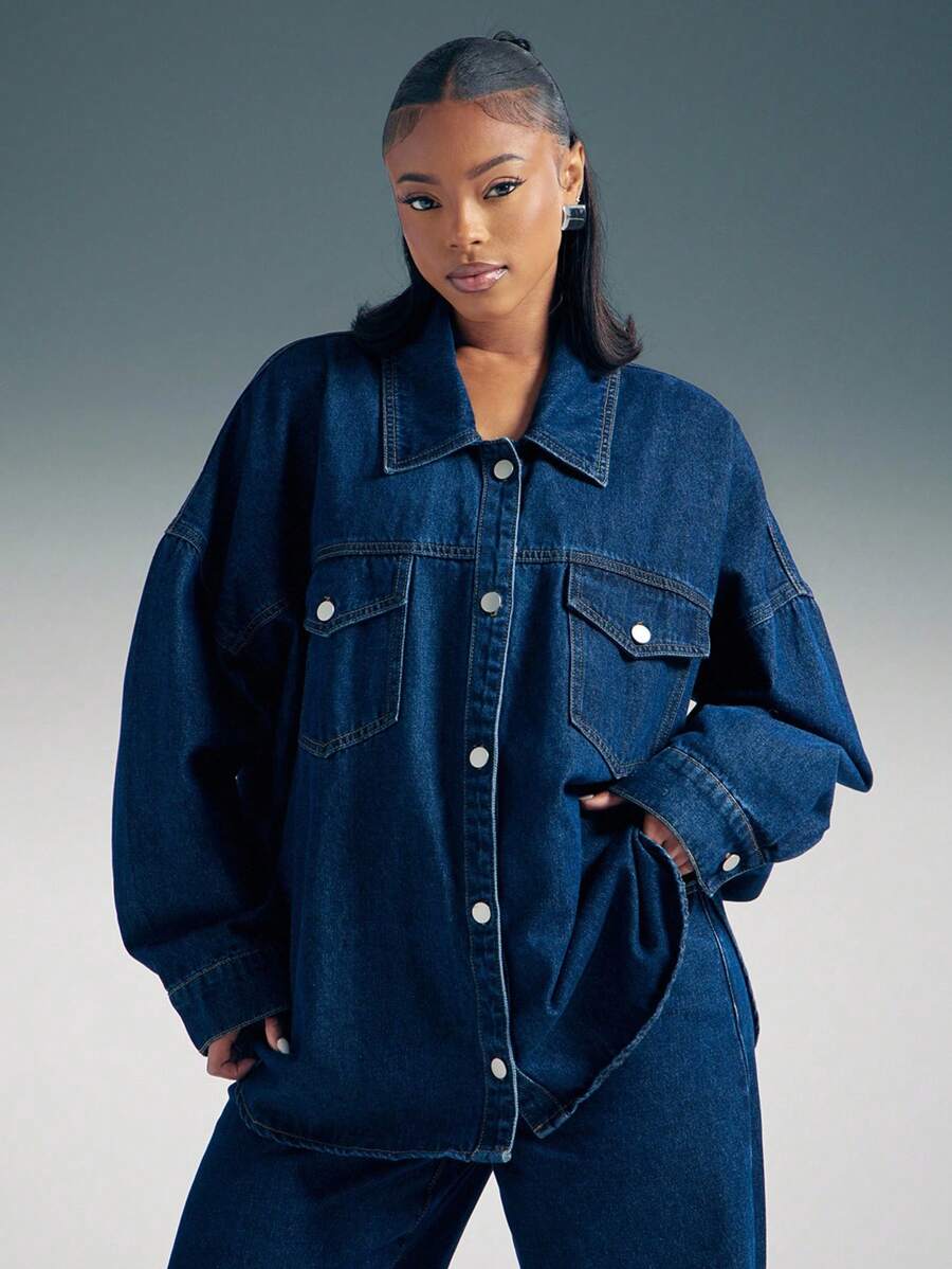 Denimoi 落肩长袖宽松单排扣休闲口袋牛仔衬衫长袖牛仔上衣 - 深色水洗藍 - 查看 1