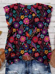 EMERY ROSE VCAY 复古花卉印花休闲宽松衬衫，大码女款，适合夏季 - 彩色 - 查看 2