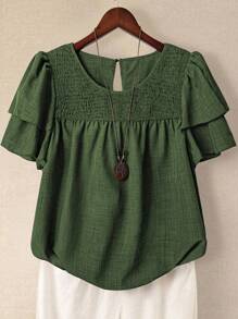 Linhara Plus Size Women's Solid Color Round Neck Double Layer Sleeve Short Sleeve Casual Shirt, Casual Fashion Versatile Pleated Summer Holiday Ladies Blouse - Army Green - View 1