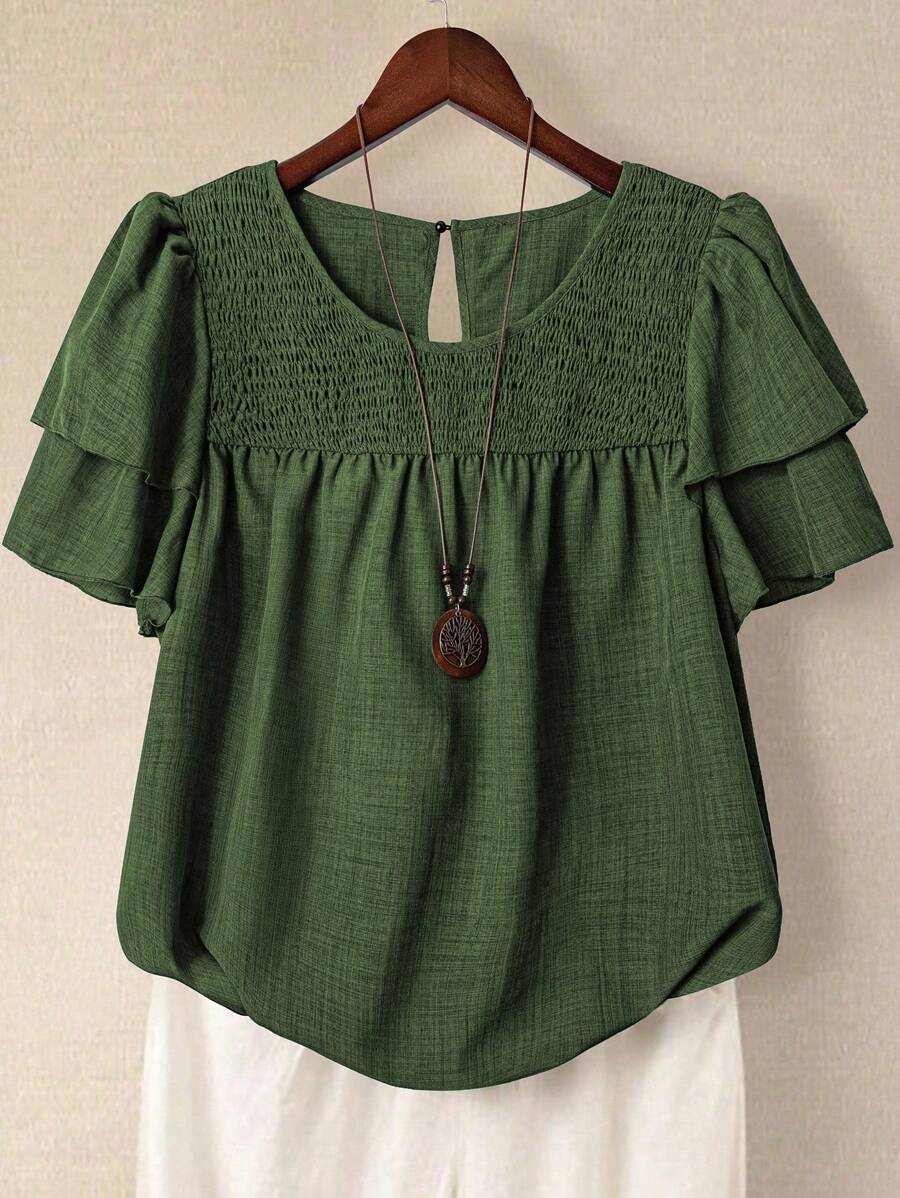 Linhara Plus Size Women's Solid Color Round Neck Double Layer Sleeve Short Sleeve Casual Shirt, Casual Fashion Versatile Pleated Summer Holiday Ladies Blouse - Army Green - View 1