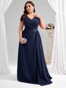 Coutiva Abito lungo elegante da madre della sposa con scollo a V, taglie comode - Blu Navy - Visualizzare 4