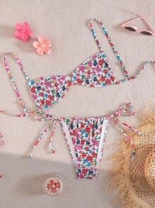 Swim Mod Women's Swimwear Set With Side Drawstring Pants, Tie-Side Micro Bikini, Sweet Ditsy Floral Beach Vacation Swimwear For Summer - Multicolor - View 6
