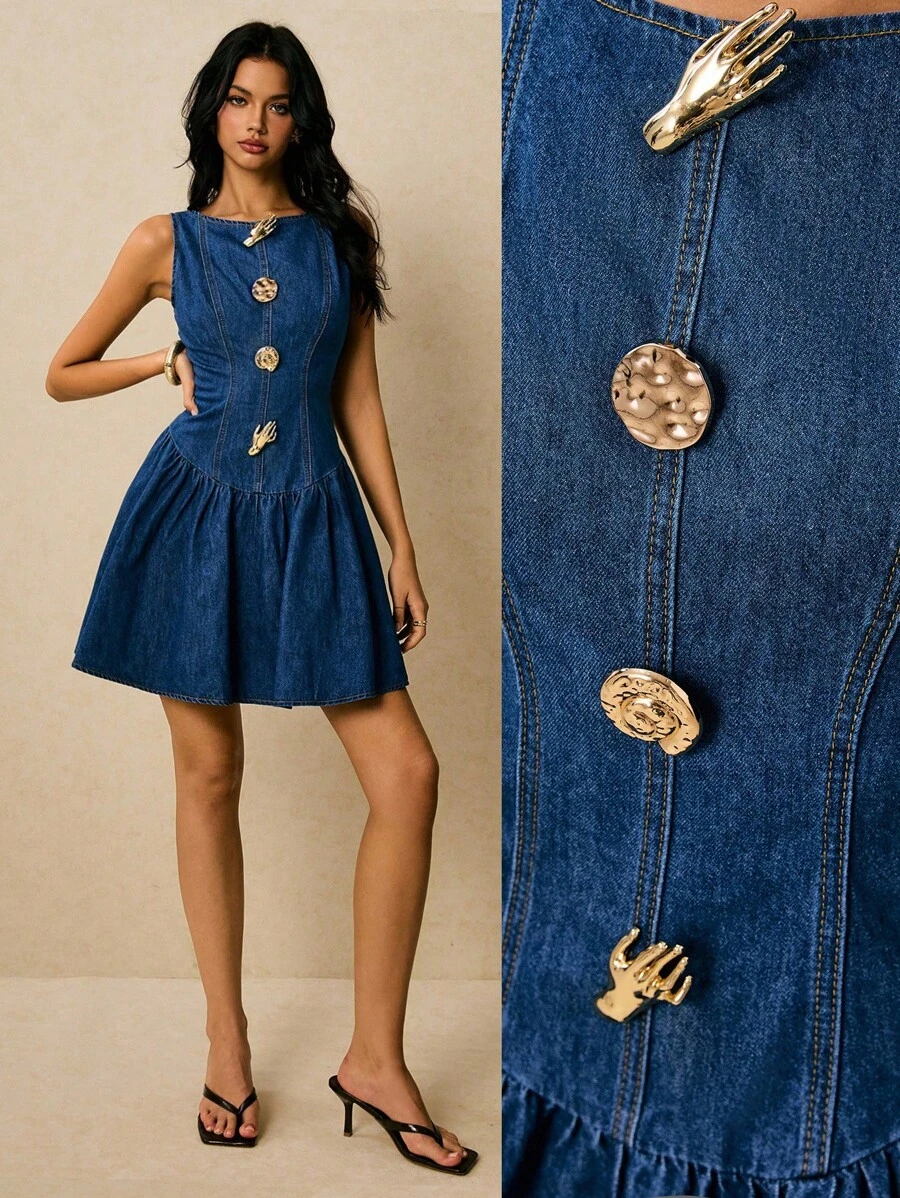 Poéselle Abito in denim alla moda con scollo rotondo e maniche arricciate, decorato in metallo, da donna - Blu lavato medio - Visualizzare 1