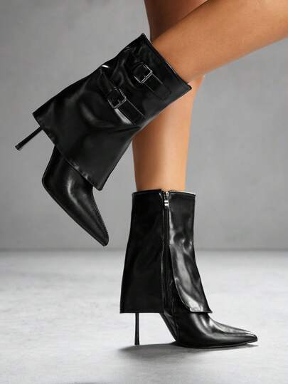 CUCCOO SZL Botas de tacón alto de media pantorrilla de moda negras para mujeres