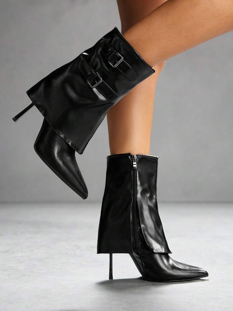 CUCCOO SZL Black Fashion High Heel Mid-Calf Boots For Women