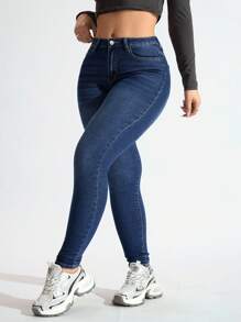 SHEIN ICON 大码休闲水洗深蓝色修身紧身牛仔裤