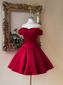 SHEIN Belle Elegante y lujoso vestido rojo con hombros descubiertos y parches de satén con diseño evasé para boda, fiesta, vacaciones, baile de graduación (con adornos elaborados), vestido semi formal para cumpleaños, invitado de boda, fiesta de graduación - Rojo - Ver 5