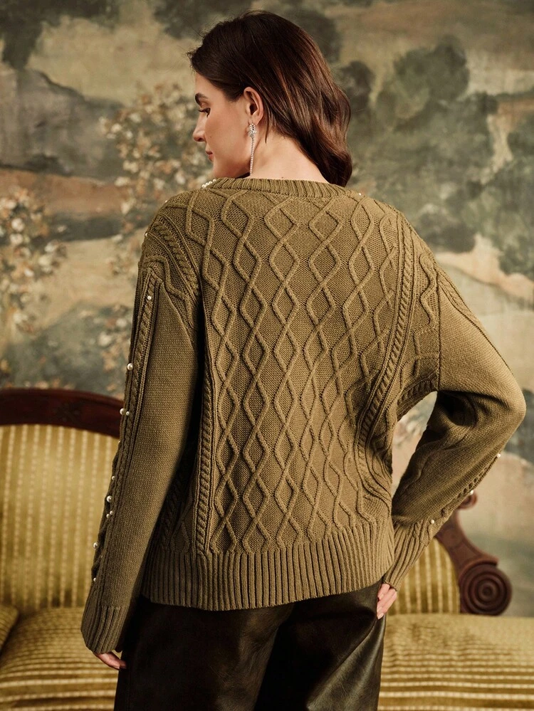 Women's Crew Neck Heavy Beaded Diamond Textured Knit Cardigan