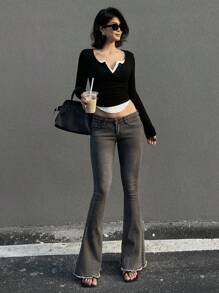 DAZY 性感撞色长袖修身T恤，女士分层上衣 - 黑色 - 查看 3