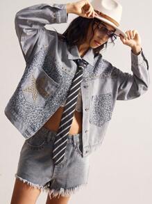 Bohemela Women's Casual Solid Color Denim Woven Long Sleeve Jacket In Fall/Winter - Light Grey - View 2