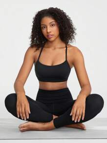 GLOWMODE FeatherFit™ T-Neck Racerback Twist Sports Bra Low Impact Yoga Daily - Black - View 8