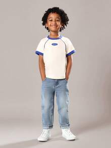 SUMWON Camiseta de manga raglán moderna para niños con estampado de logo, estilo retro, uso casual diario, básica de mezcla de algodón, camiseta ringer esencial para verano y primavera