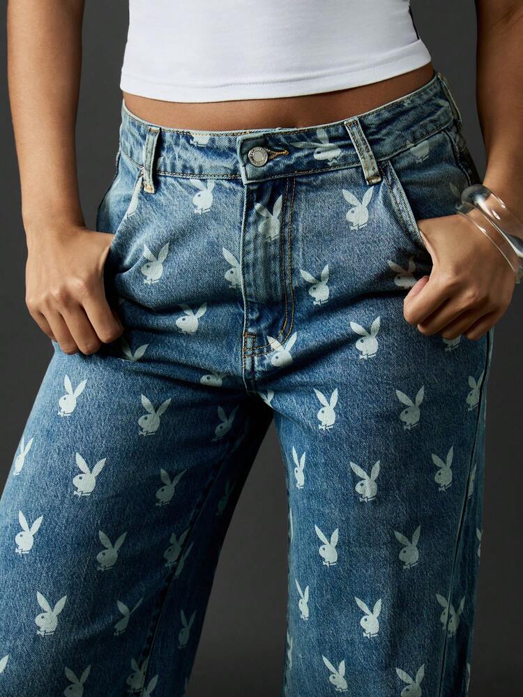 Missguided x Playboy High Rise Wide Leg Denim Jeans With Bunny Print