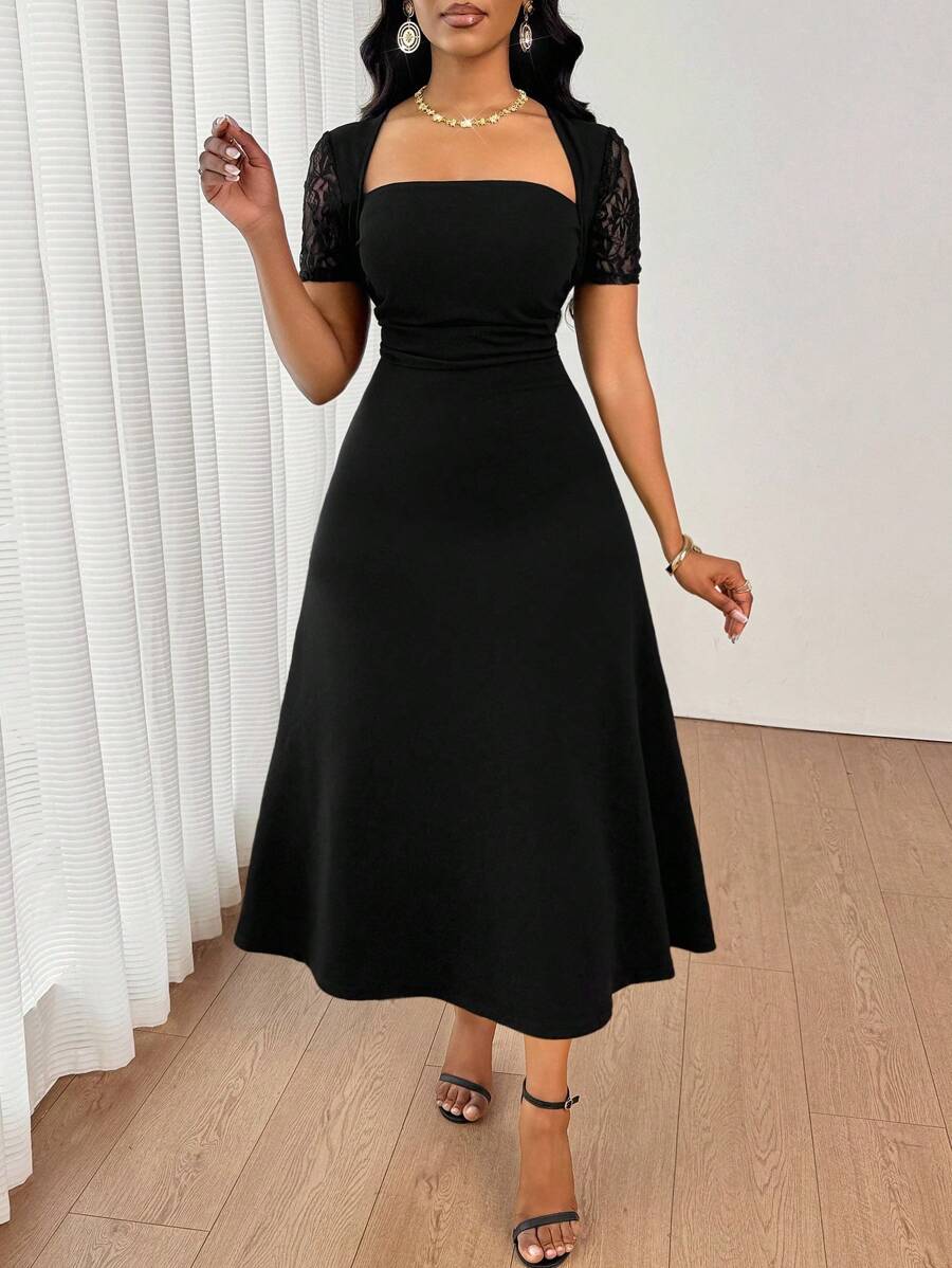 SHEIN Lady 蕾丝拼接公主领女装长袖A字下摆女装 - 黑色 - 查看 1