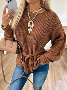 SHEIN EZwear Suéter casual de manga larga con cintura ceñida, estilo de dinero antiguo para mujer en otoño e invierno - Marrón - Ver 1