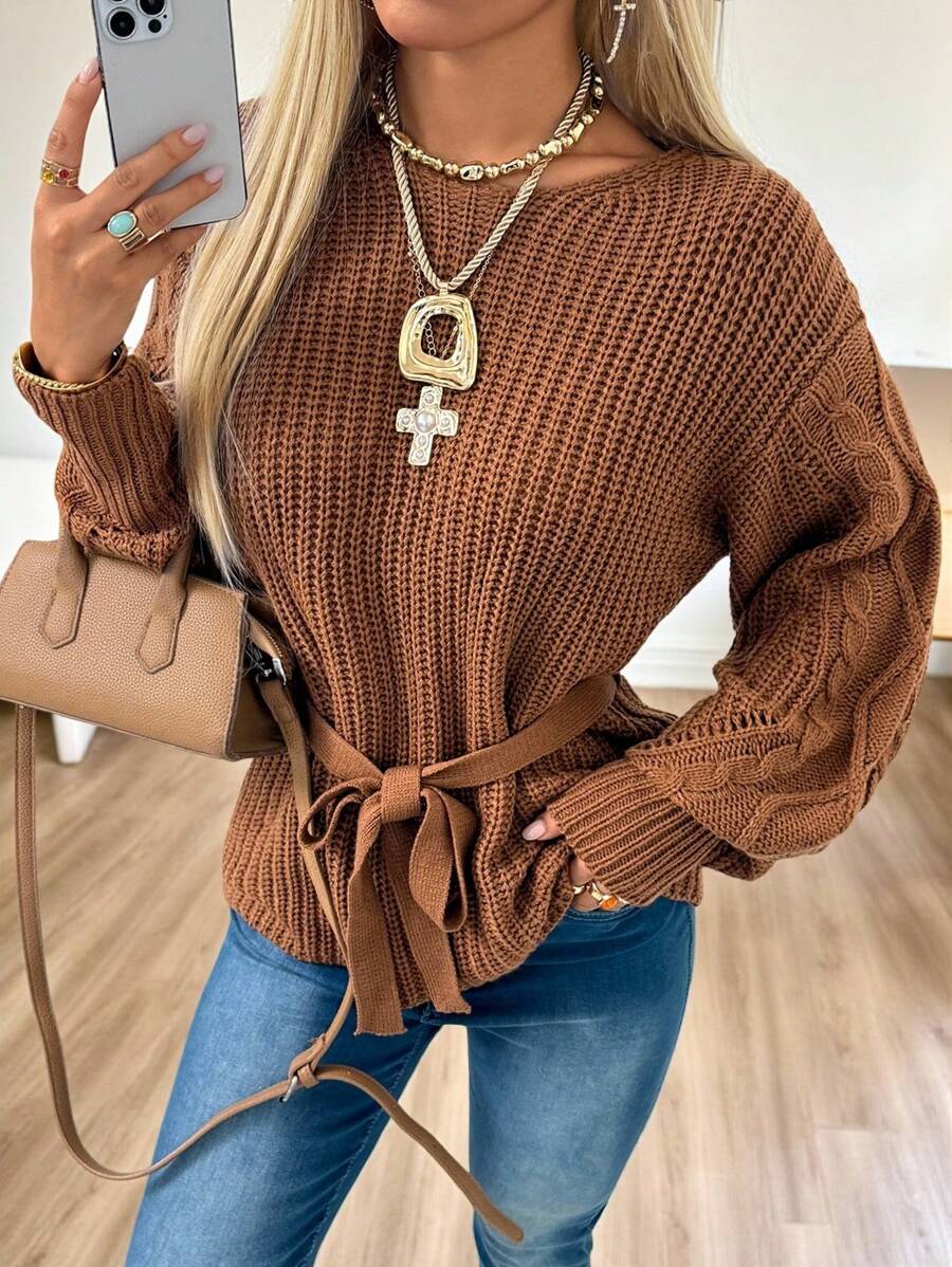 SHEIN EZwear Suéter casual de manga larga con cintura ceñida, estilo de dinero antiguo para mujer en otoño e invierno - Marrón - Ver 1