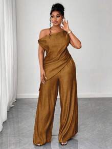 Maweii Plus Size Women's Fashion Casual Asymmetric Shoulder Top & Loose Pants 2 Pieces Set - Coffee Brown - View 6