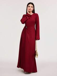 Veilorie Elegant Red High Slit Waist Cinched Dress