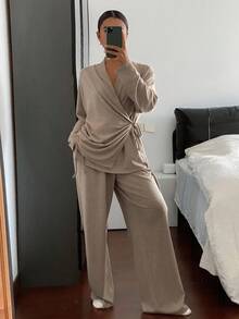 DAZY Minimalist Relaxed Fit Knit Women Lounge Set, Fall Winter Clothes, Cozy Outfits - Khaki - View 6