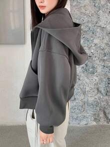 SHEIN 少女宽松连帽外套，休闲短款飞行员夹克卫衣，春秋季 - 深灰色 - 查看 6